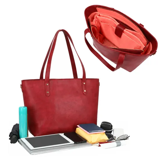 Custom Women PU Shoulder Tote Bag with Zipper Closure Laptop Pockets and Polyester Lining for Daily Use