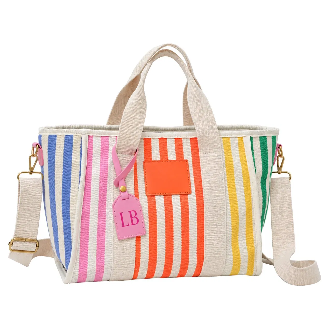Custom Striped Canvas Tote and Shoulder Bag with Zipper for Holiday and Daily Travel