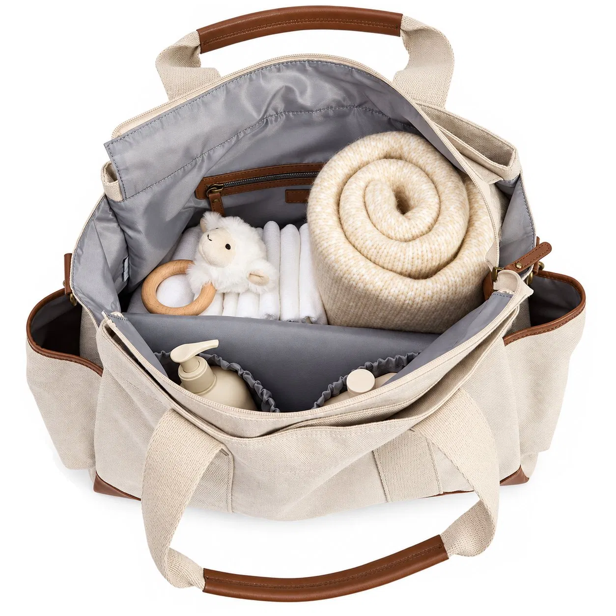 Custom Polyester Diaper Tote with Shoulder Strap and Fourteen Pockets for Travel and Baby Essentials