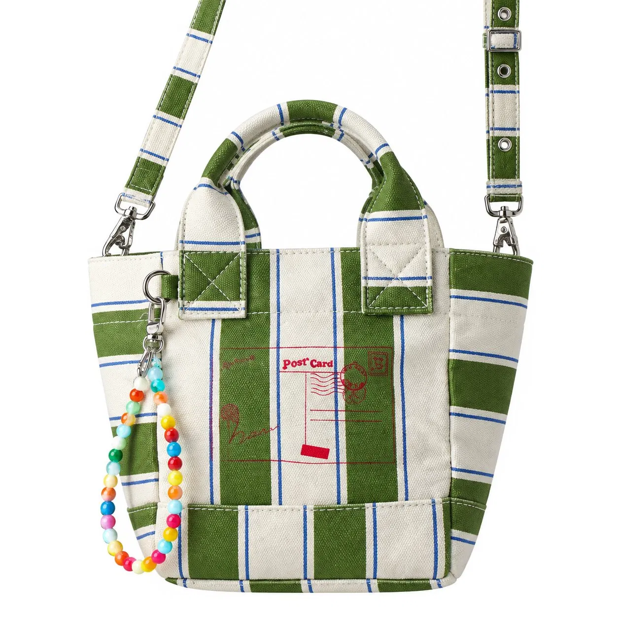 Custom Striped Cotton Canvas Crossbody Handbag with Removable Strap and Carabiner Details