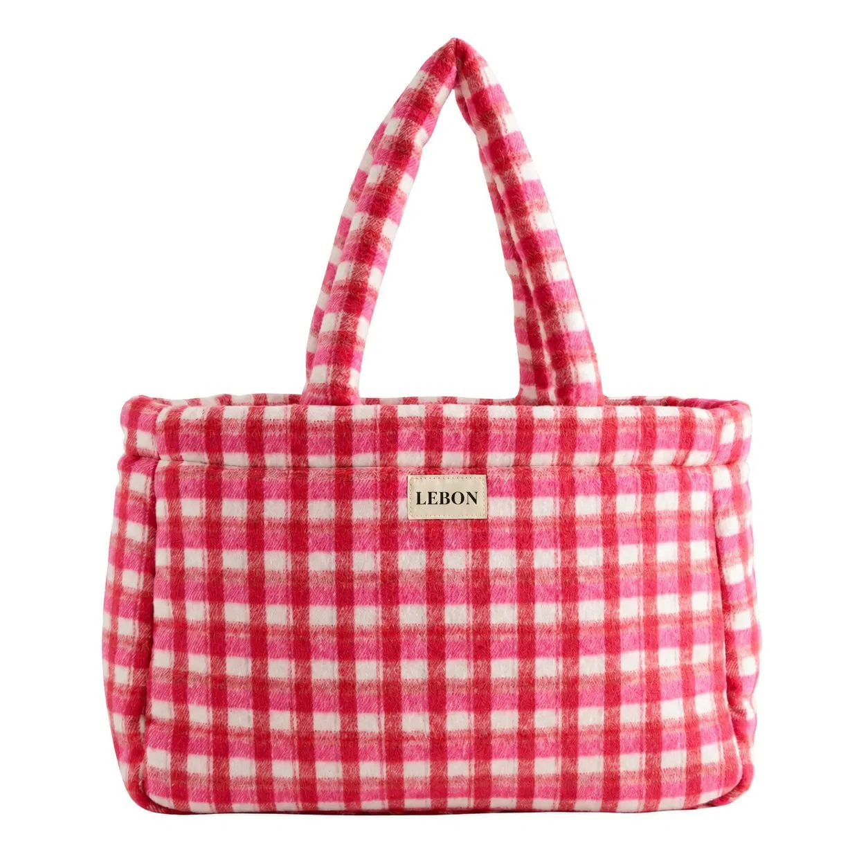 Custom Pink Gingham Polyester Tote Bag with Magnetic Closure and Phone Pocket for Daily Carry