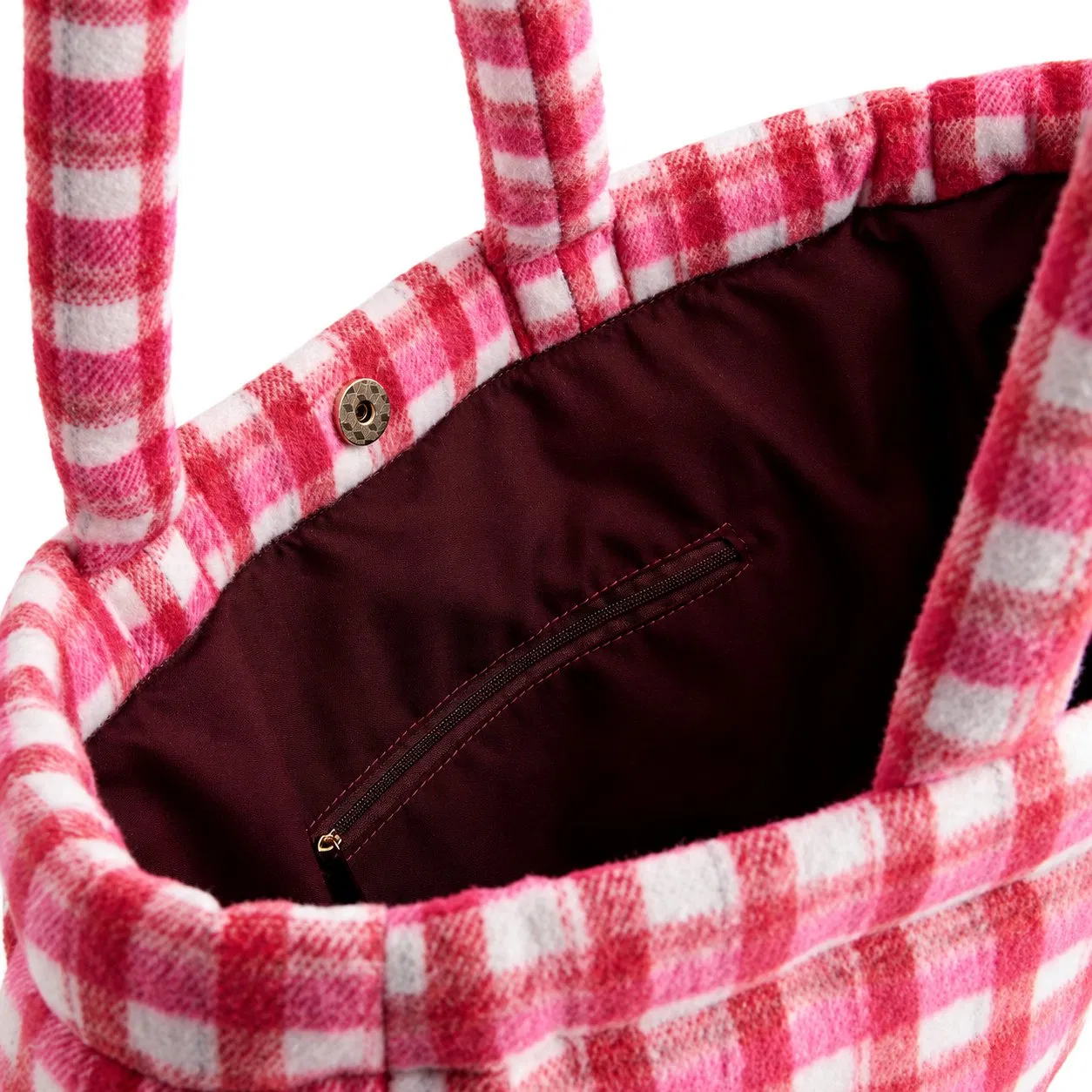 Custom Pink Gingham Polyester Tote Bag with Magnetic Closure and Phone Pocket for Daily Carry