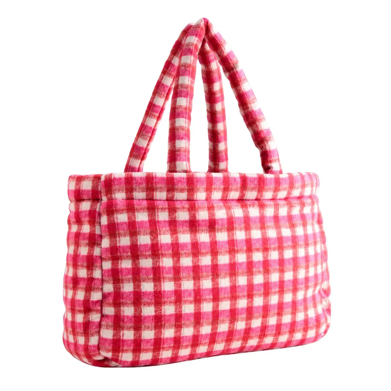 Custom Pink Gingham Polyester Tote Bag with Magnetic Closure and Phone Pocket for Daily Carry