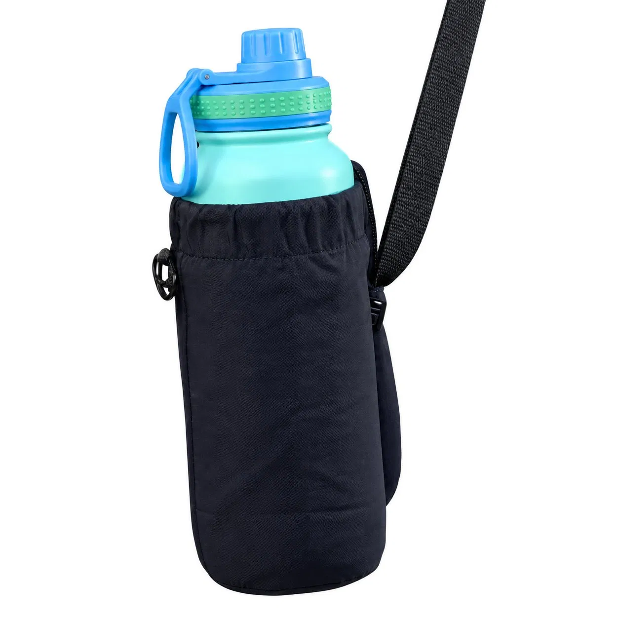 Custom Polyester Zipper Water Bottle Carrier Bag with Crossbody Strap for Outdoor Travel