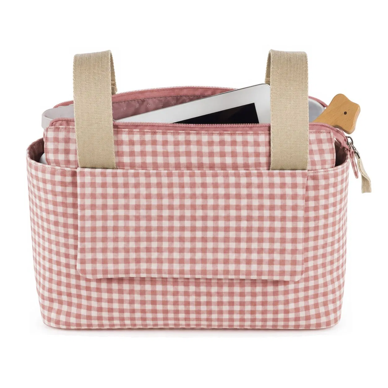 Custom Pink Polyester Cotton Diaper Organizer Caddy Bag with Bottle Pocket for Baby Care Storage