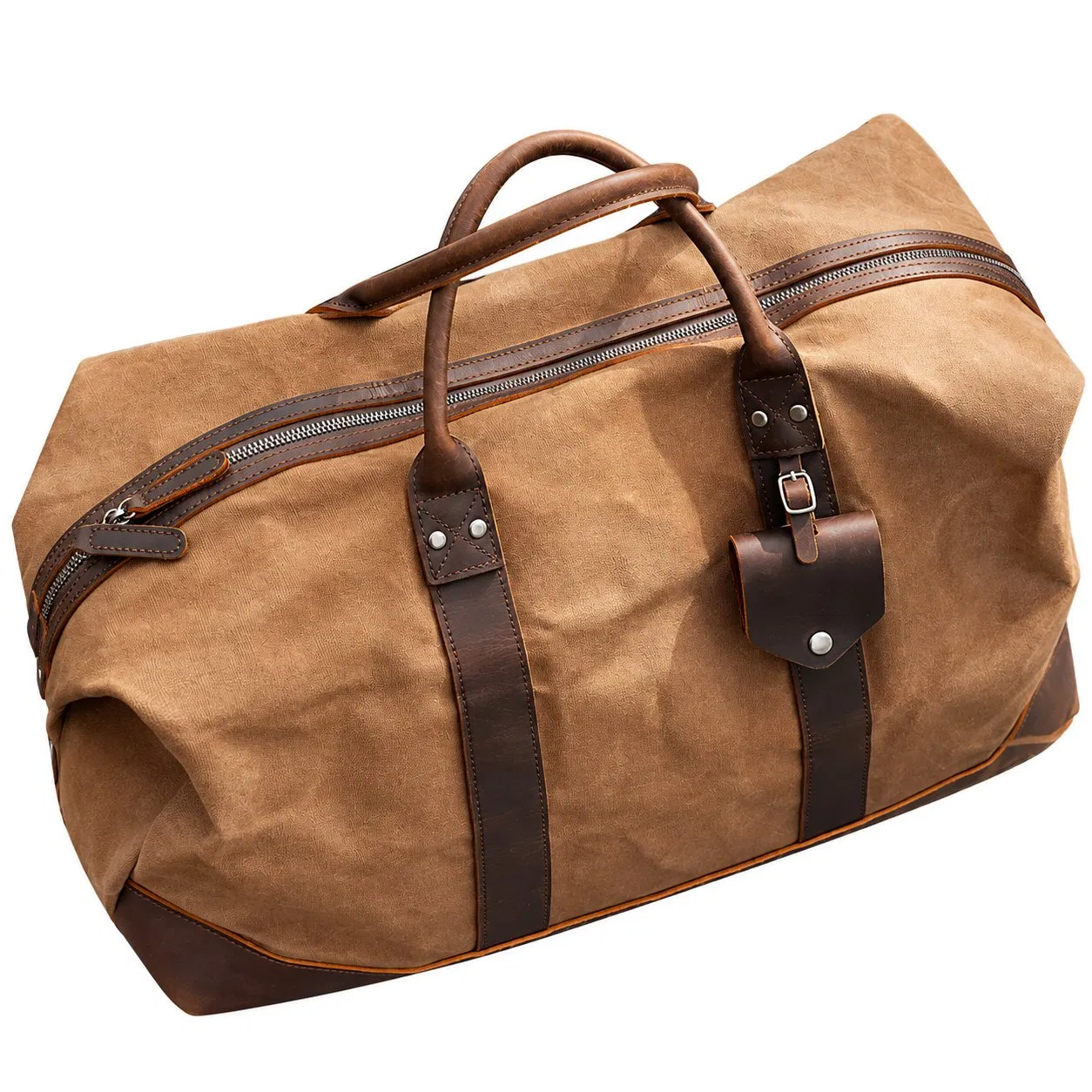 Custom Waxed Canvas Zipper Travel Duffel Bag with Soft Handle for Outdoor and Crossbody Carrying