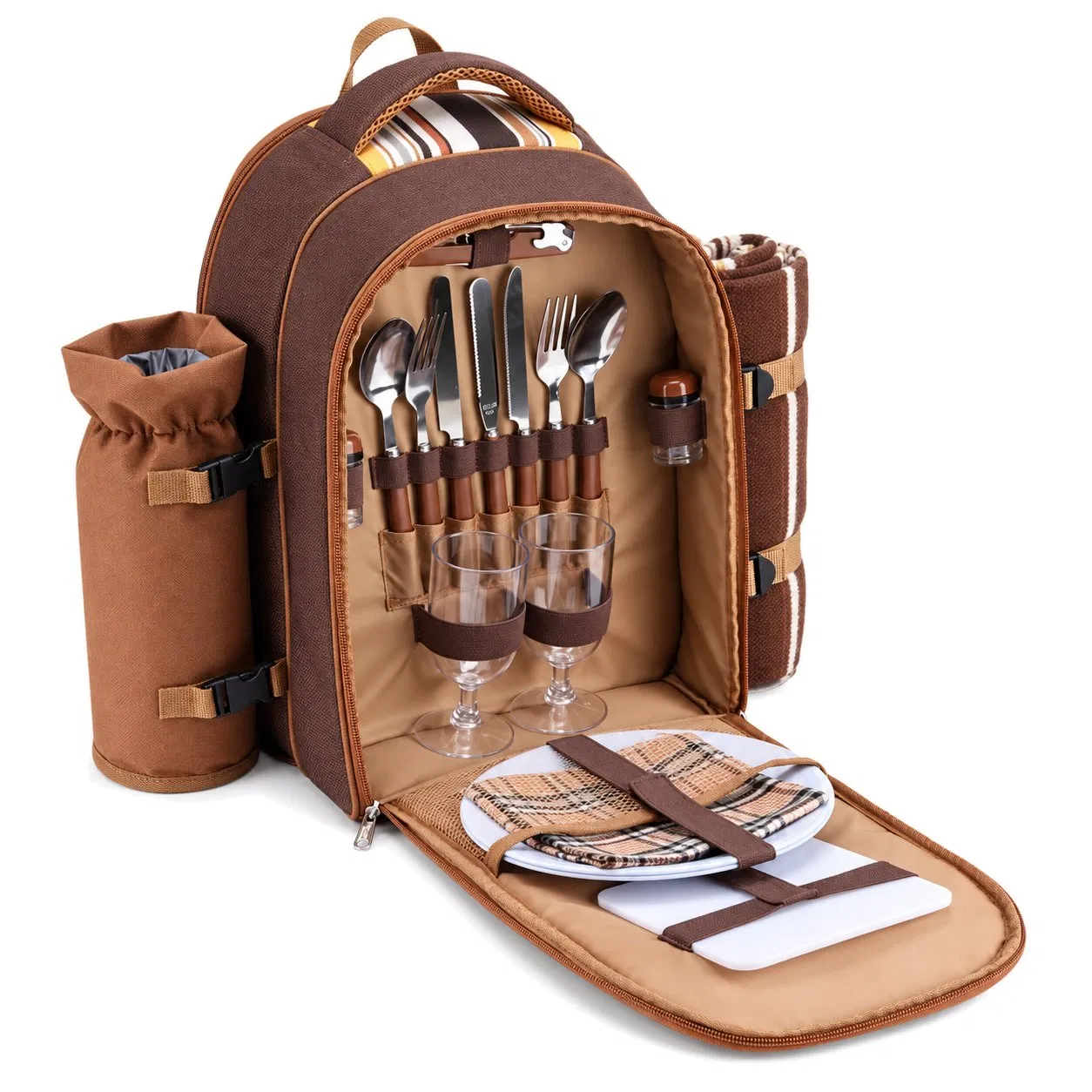 Custom Polyester Picnic Backpack Bag with Cooler Compartment Wine Bag and Blanket Options for Travel