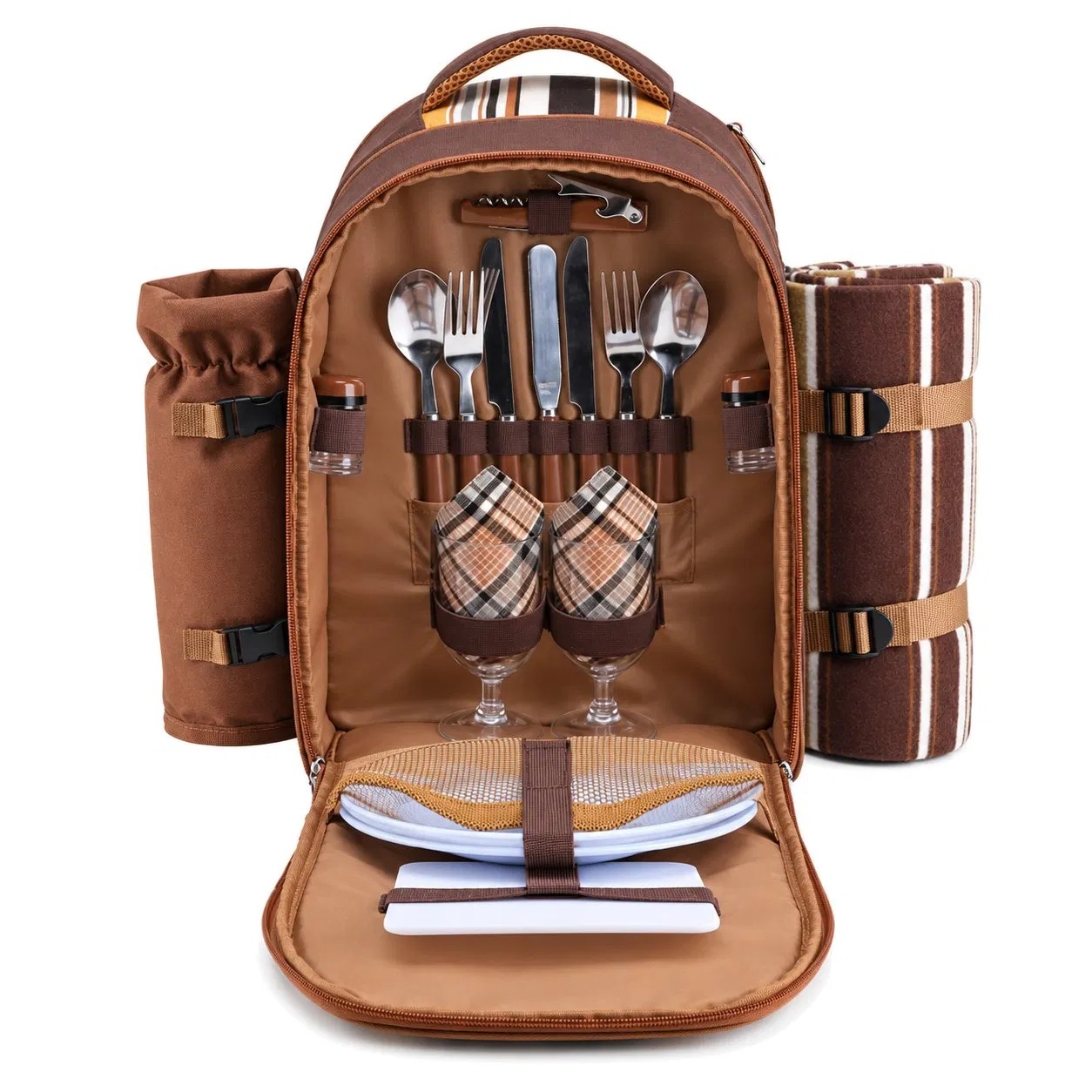 Custom Polyester Picnic Backpack Bag with Cooler Compartment Wine Bag and Blanket Options for Travel