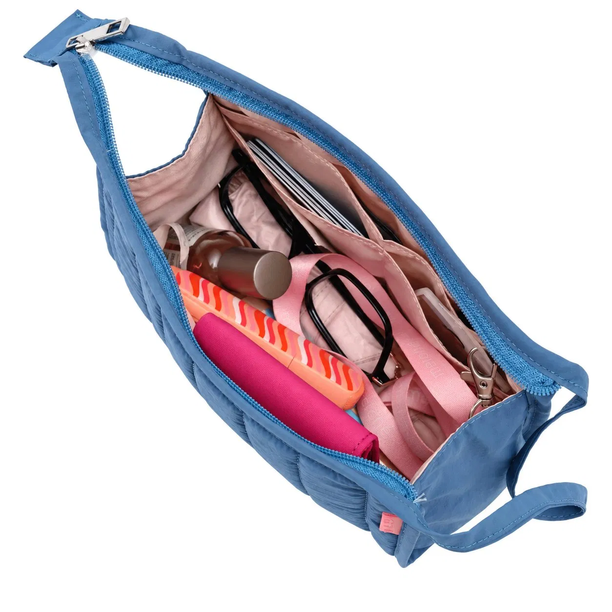 Quilted Canvas Cosmetic Toiletry Organizer Bag with Zipper and Soft Handle for Travel