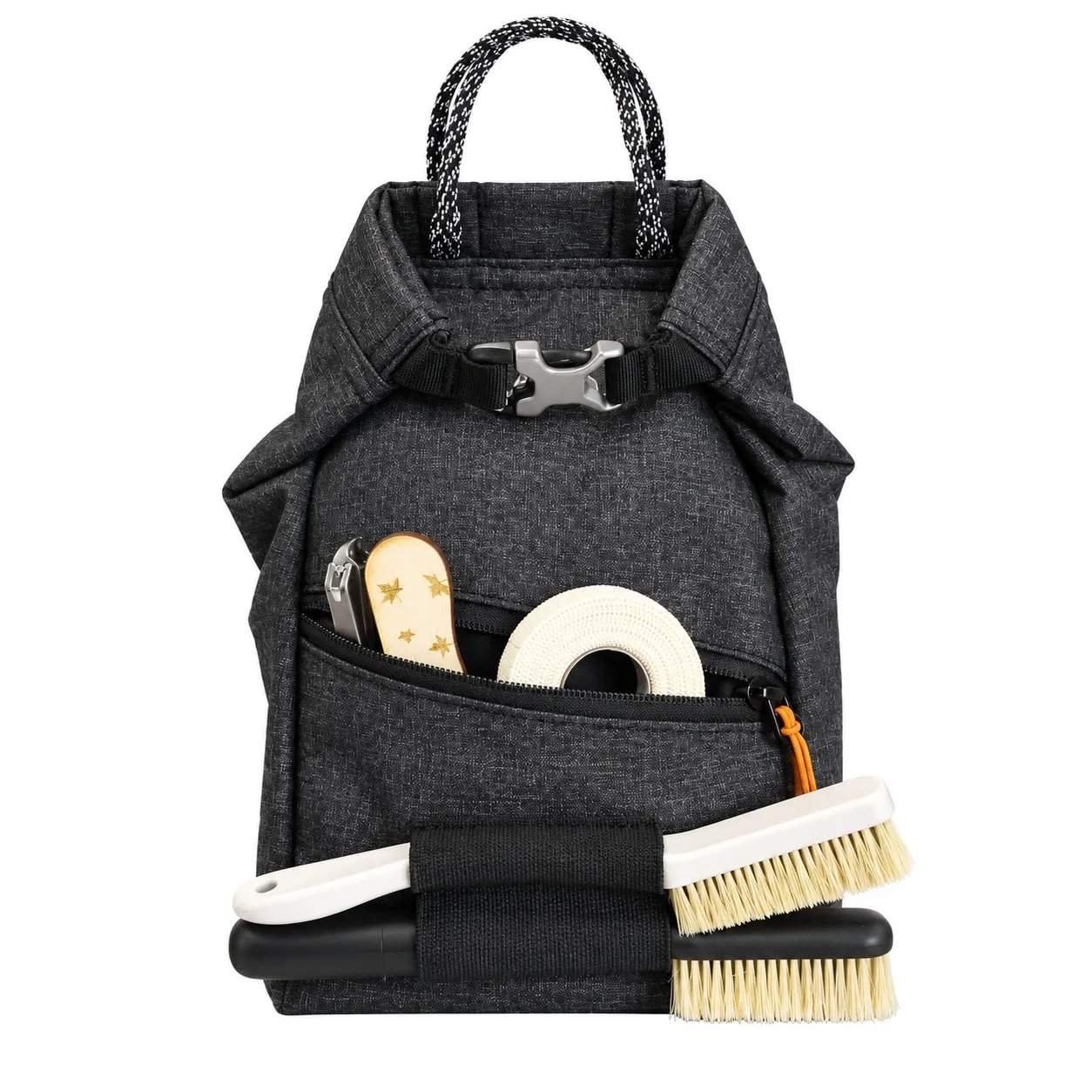 Custom Nylon Polyester Bouldering Chalk Bag with Semi Rigid Base Magnetic Roll Top and Brush Holders