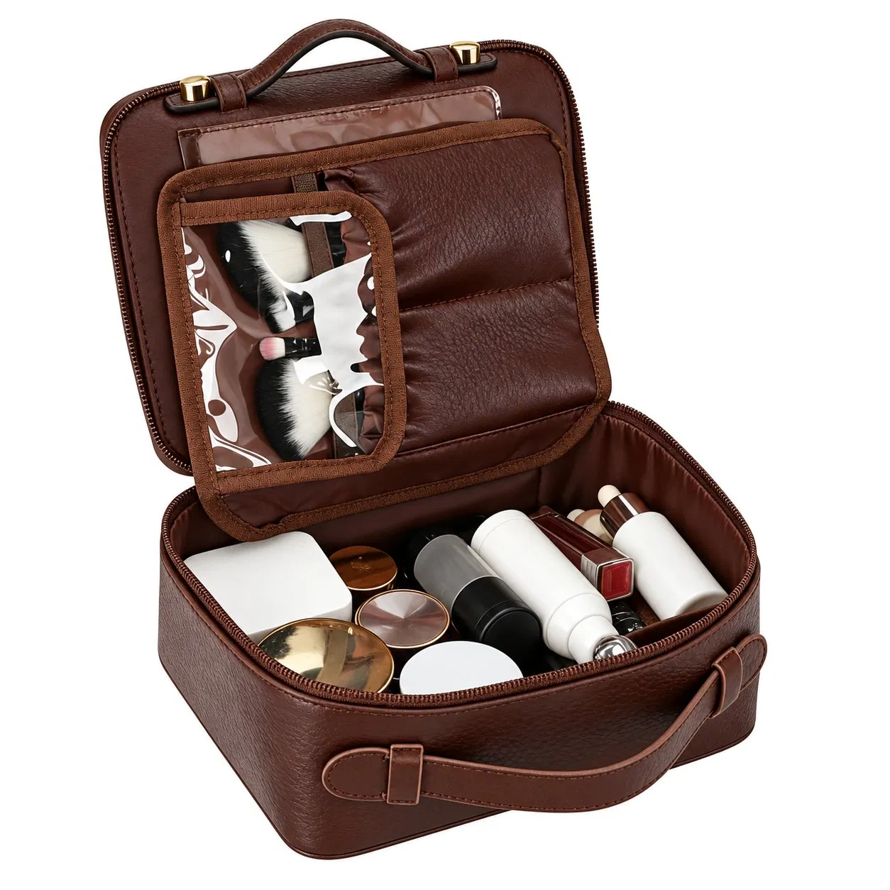 Custom Travel Toiletry Cosmetic Organizer Bag with Removable Magnetic Dividers and Brush Pouch