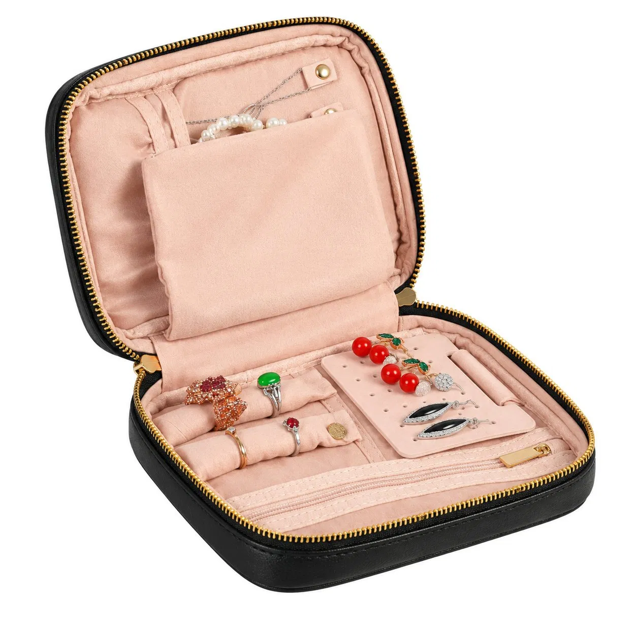 Custom PU Travel Jewelry Organizer Case with Cotton Lining and Zipper for Rings Necklaces and Earrings