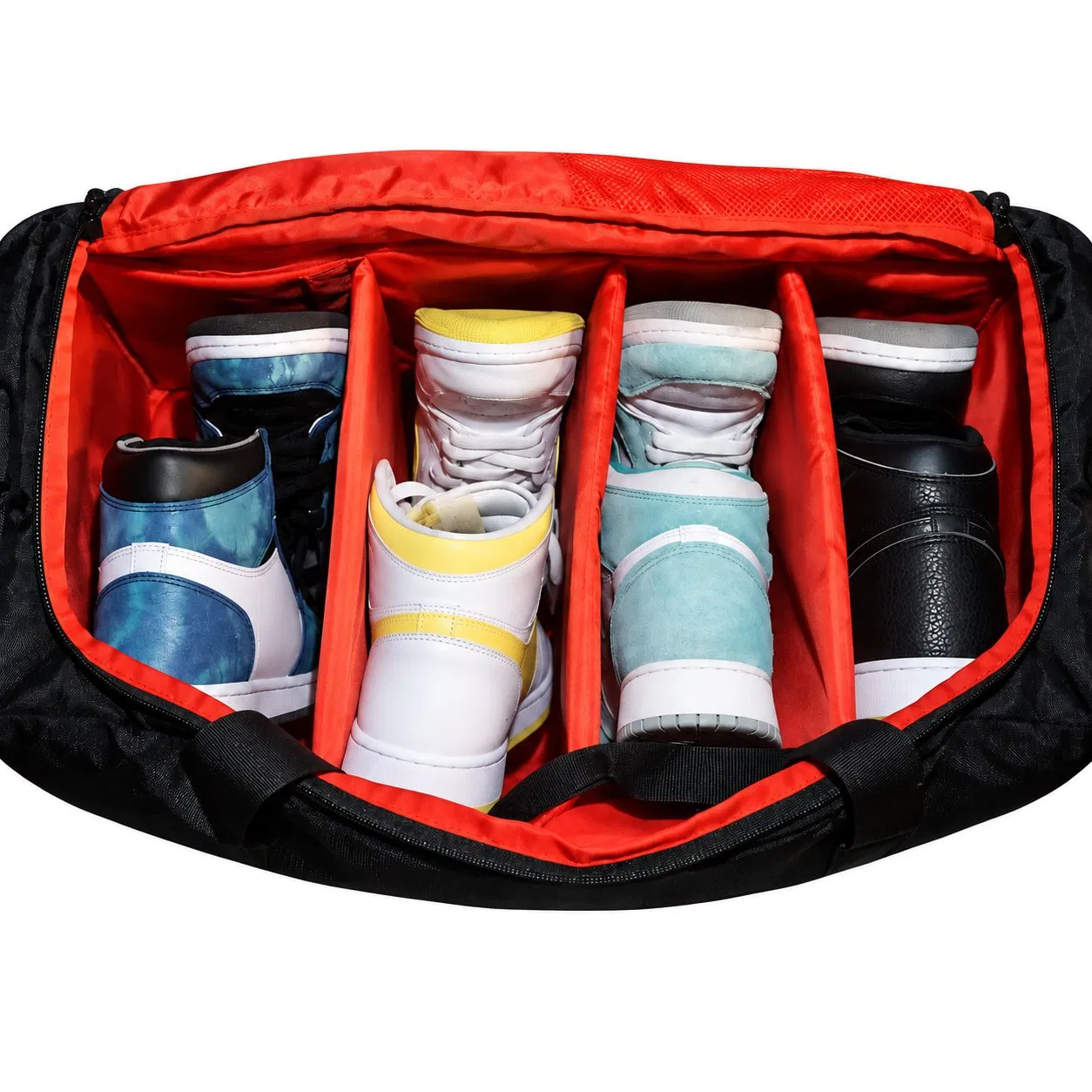 Custom Polyester Sneaker Sports Travel Duffel Gym Bag with Removable Dividers and Side Pockets