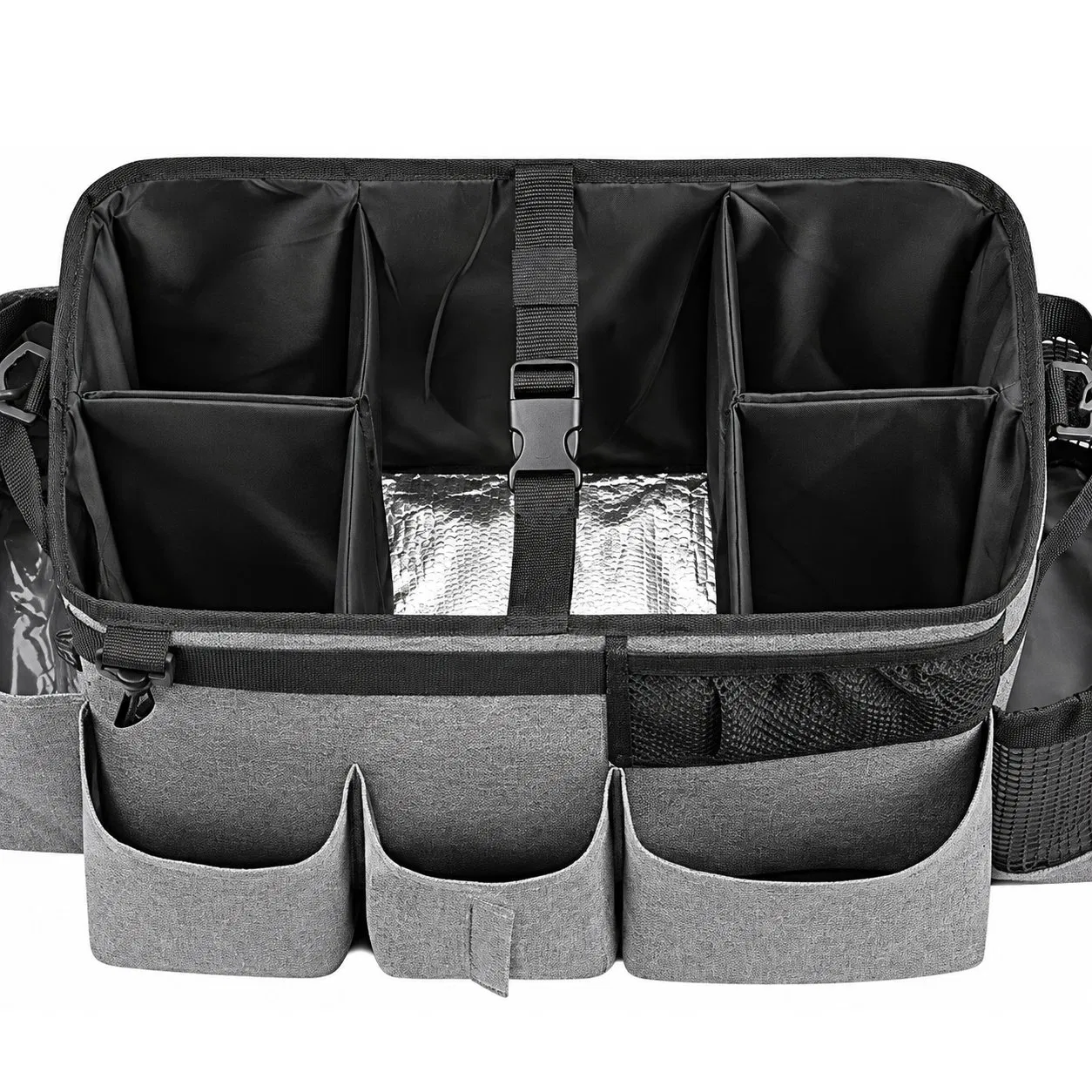 Wearable Cleaning Caddy Bag with Four Foldable Dividers and Adjustable Straps