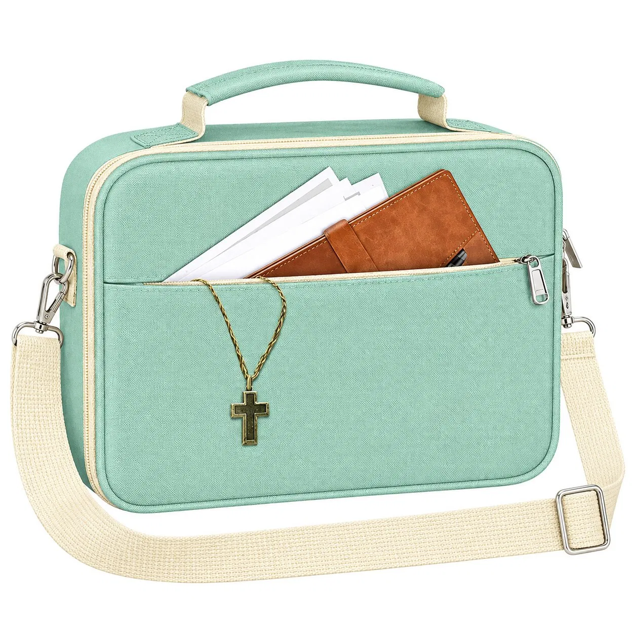 Bible Book Carrying Bag with Handheld and Crossbody Options and Bookmark