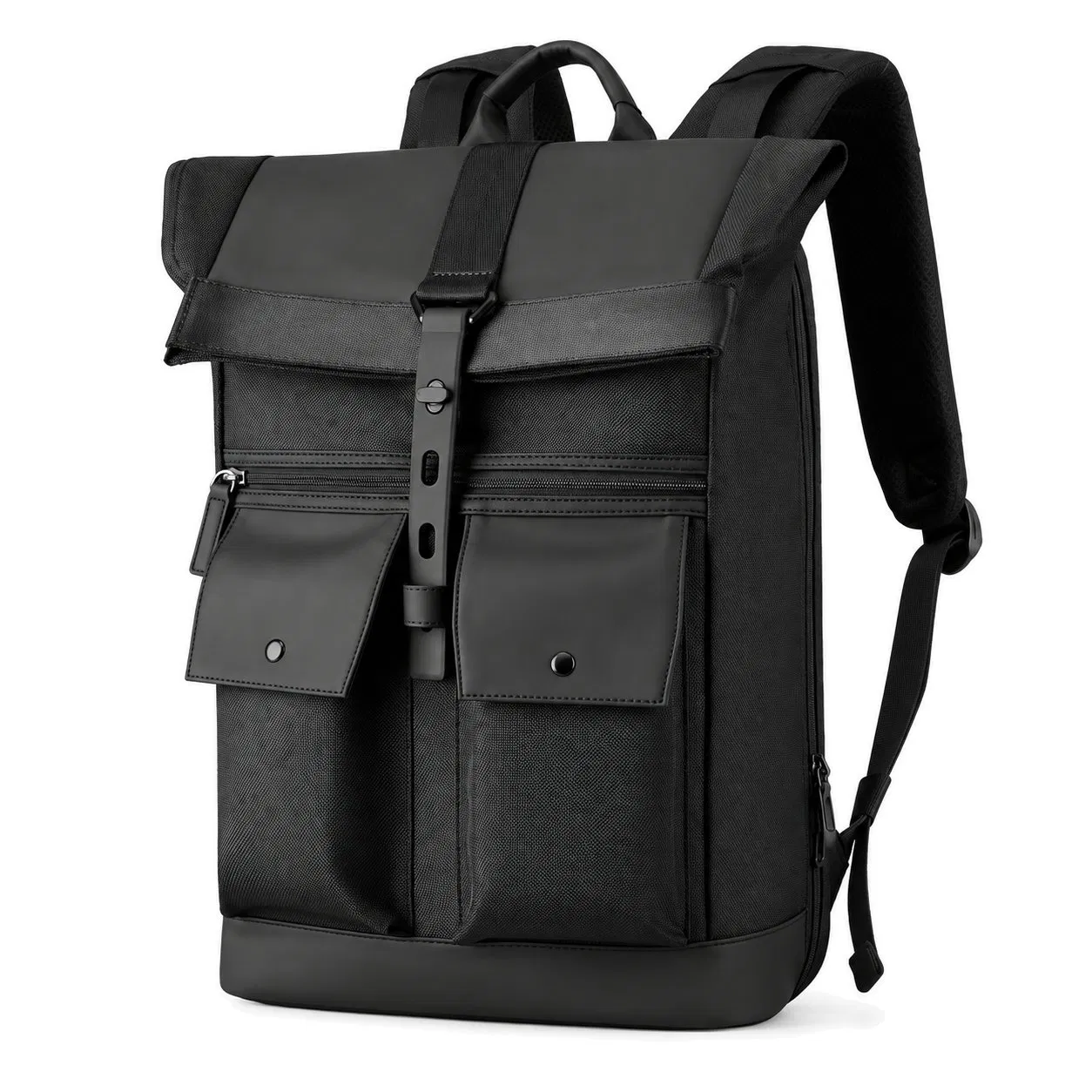 Expandable Roll Top Business Laptop Backpack with Top and Rear Zipper Access