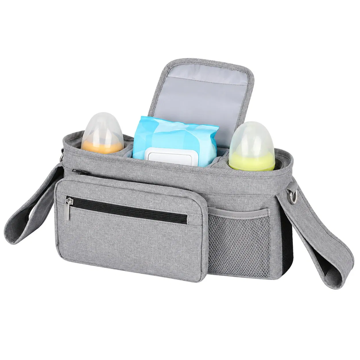 Gray Polyester Stroller Organizer Bag with Insulated Cup Holder and Multiple Compartments