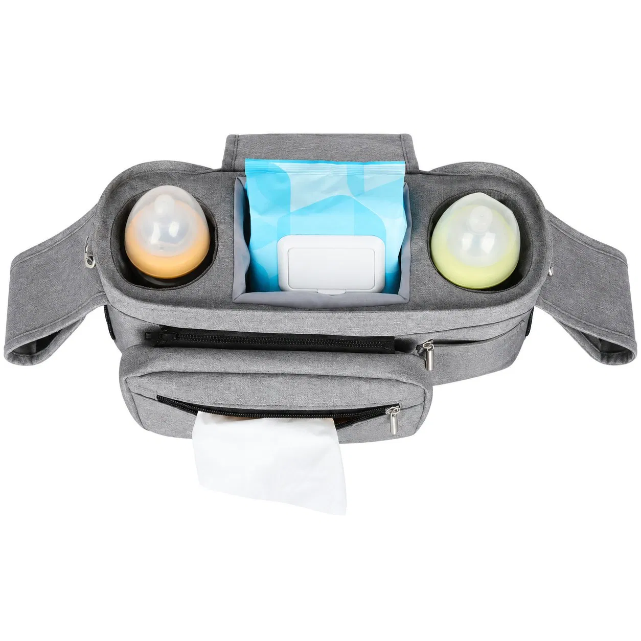 Gray Polyester Stroller Organizer Bag with Insulated Cup Holder and Multiple Compartments