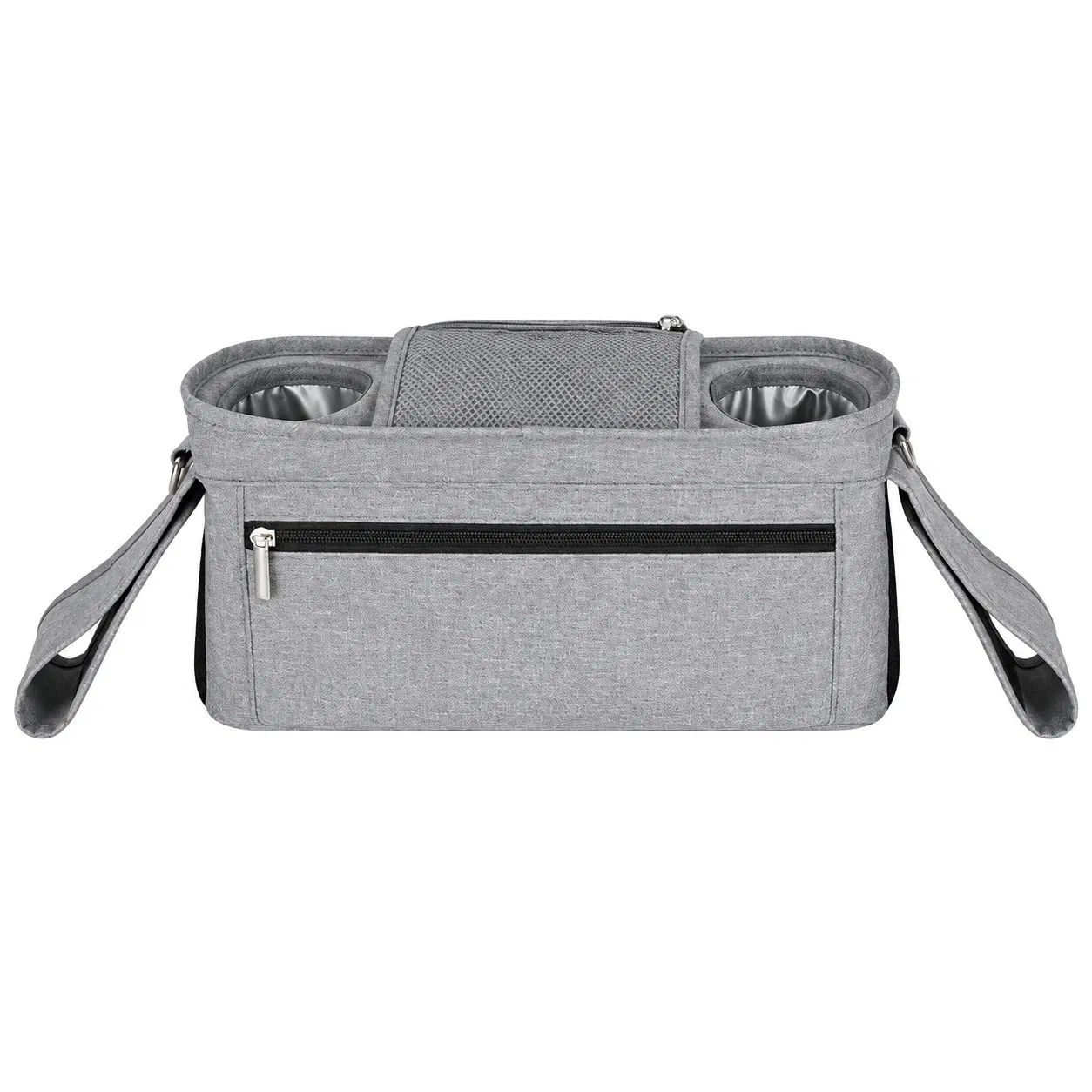 Gray Polyester Stroller Organizer Bag with Insulated Cup Holder and Multiple Compartments