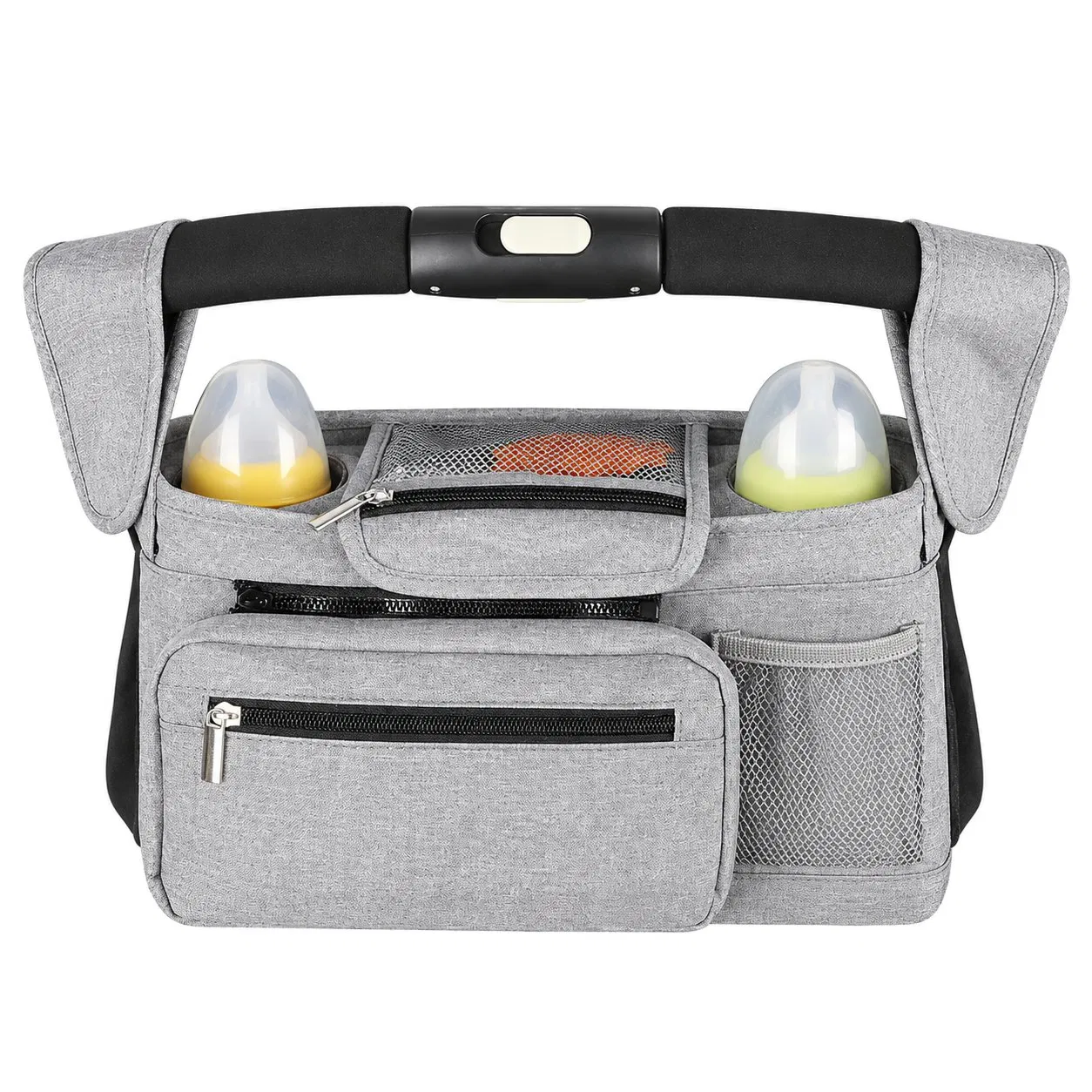 Gray Polyester Stroller Organizer Bag with Insulated Cup Holder and Multiple Compartments