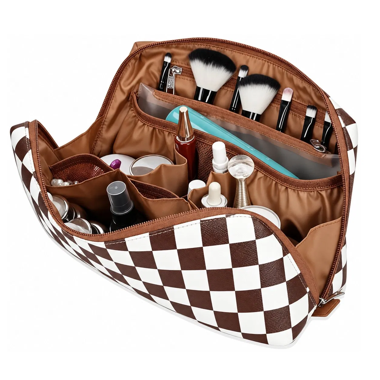 Custom Canvas Makeup Organizer Bag with Brush Pouch Multiple Pockets for Travel