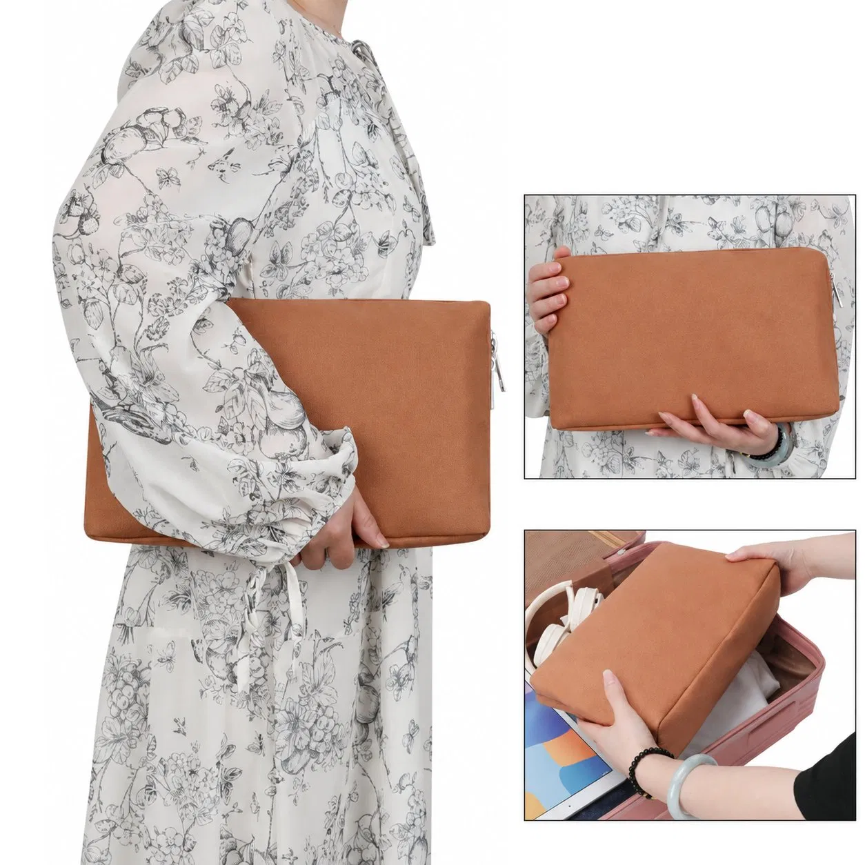 Custom Canvas Makeup Organizer Bag with Brush Pouch Multiple Pockets for Travel