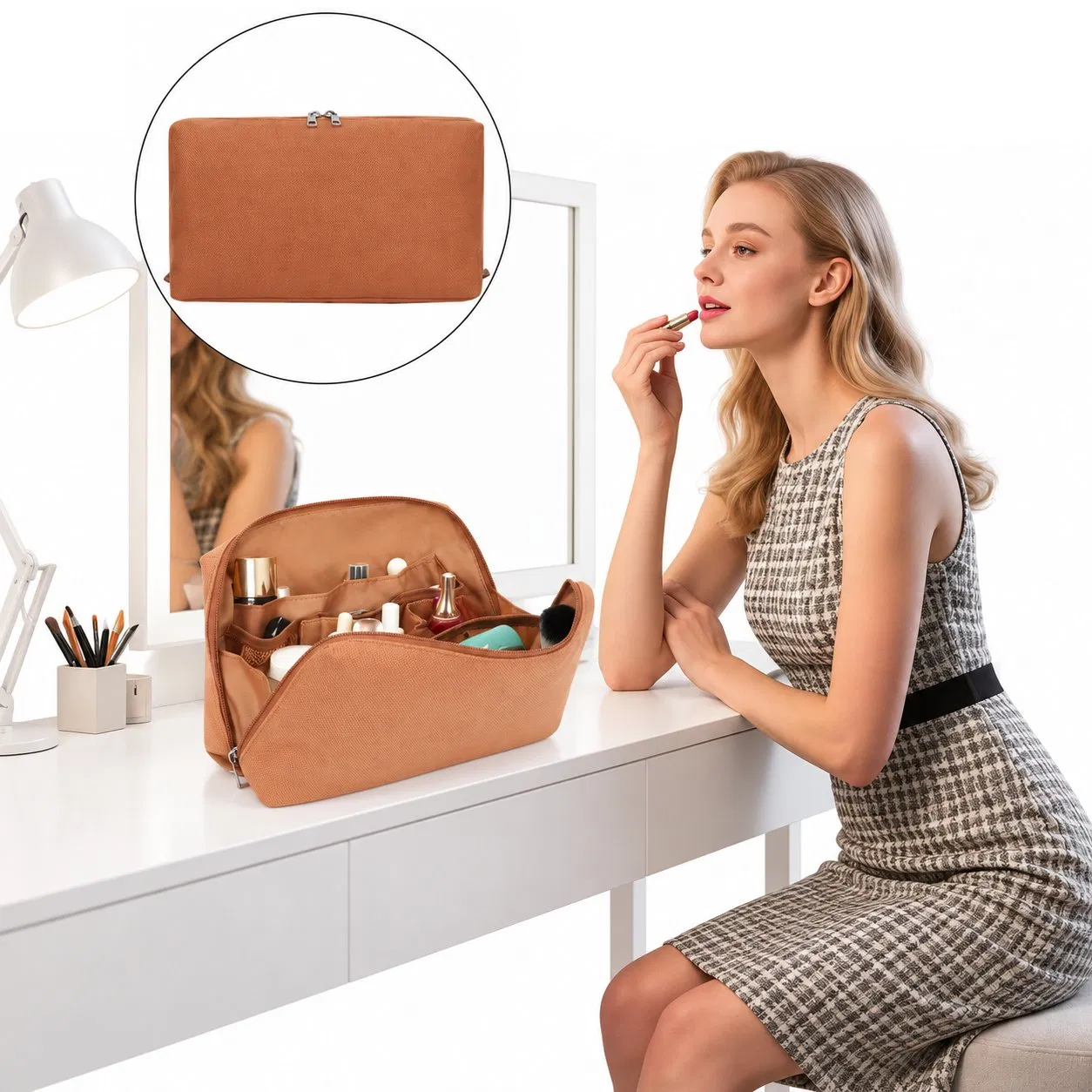 Custom Canvas Makeup Organizer Bag with Brush Pouch Multiple Pockets for Travel