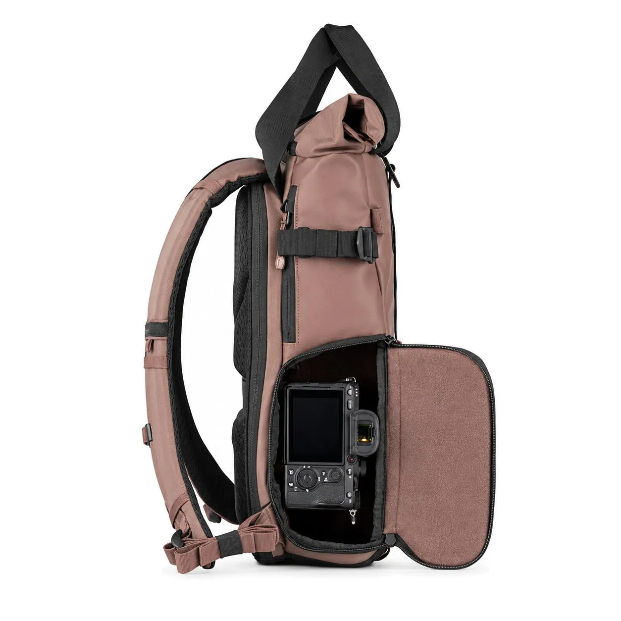 Custom 15L Rolltop Camera Backpack with Side Access and Laptop Sleeve for Travel