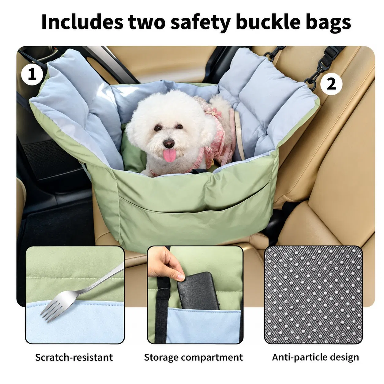 Portable Nylon Dog Car Seat Bed Carrier with Storage Pockets and Shoulder Strap