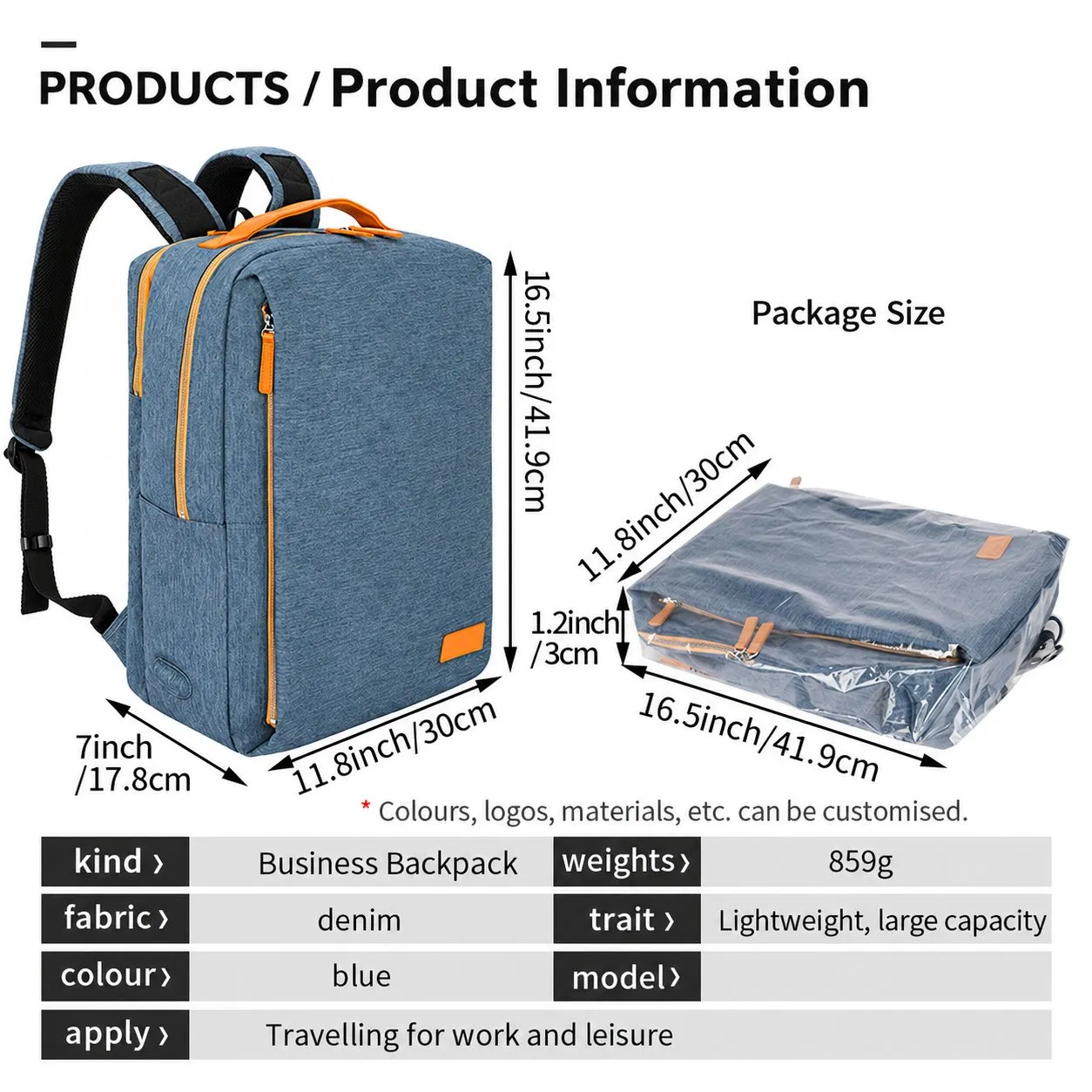 Denim Softback Travel Backpack with Interior Compartment and Soft Handle