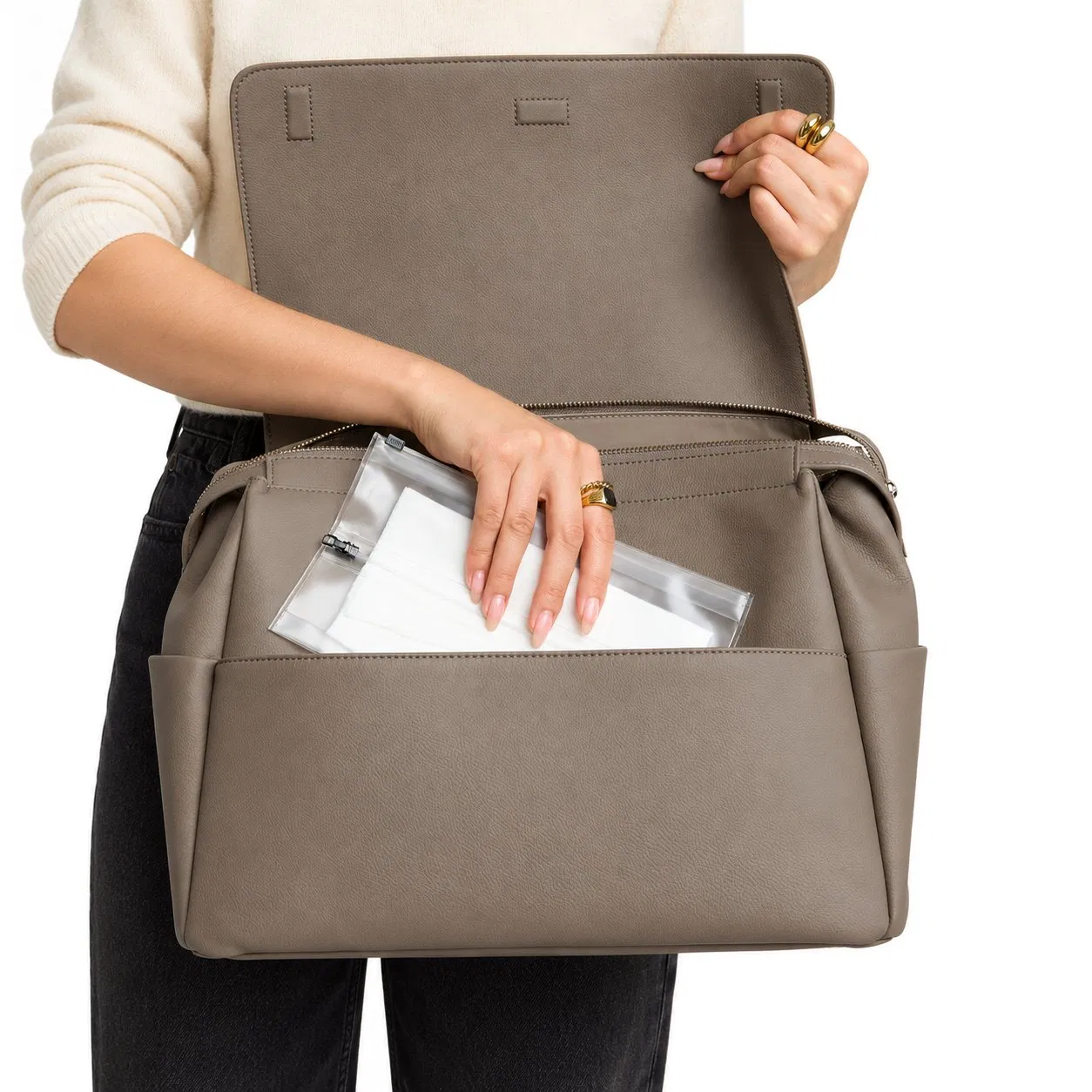 Custom PU Vegan Leather Diaper Backpack with Bottle Pockets and Laptop Sleeve for Parents