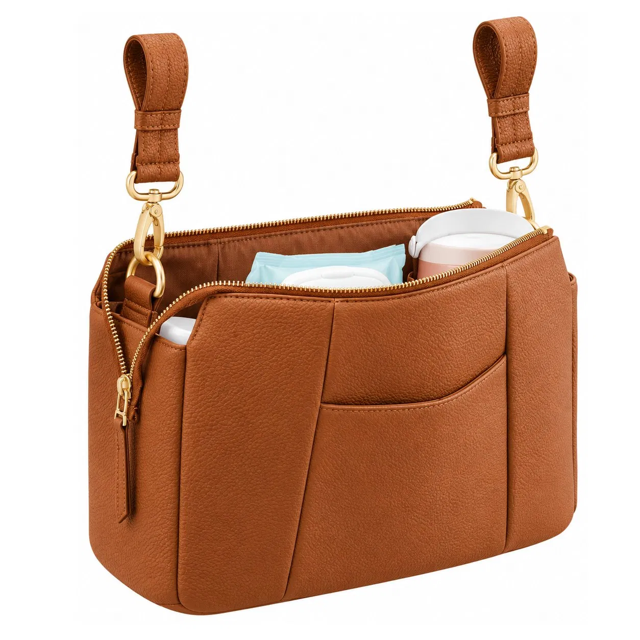 Custom PU Stroller Organizer Bag with Crossbody Strap and Multiple Storage Pockets