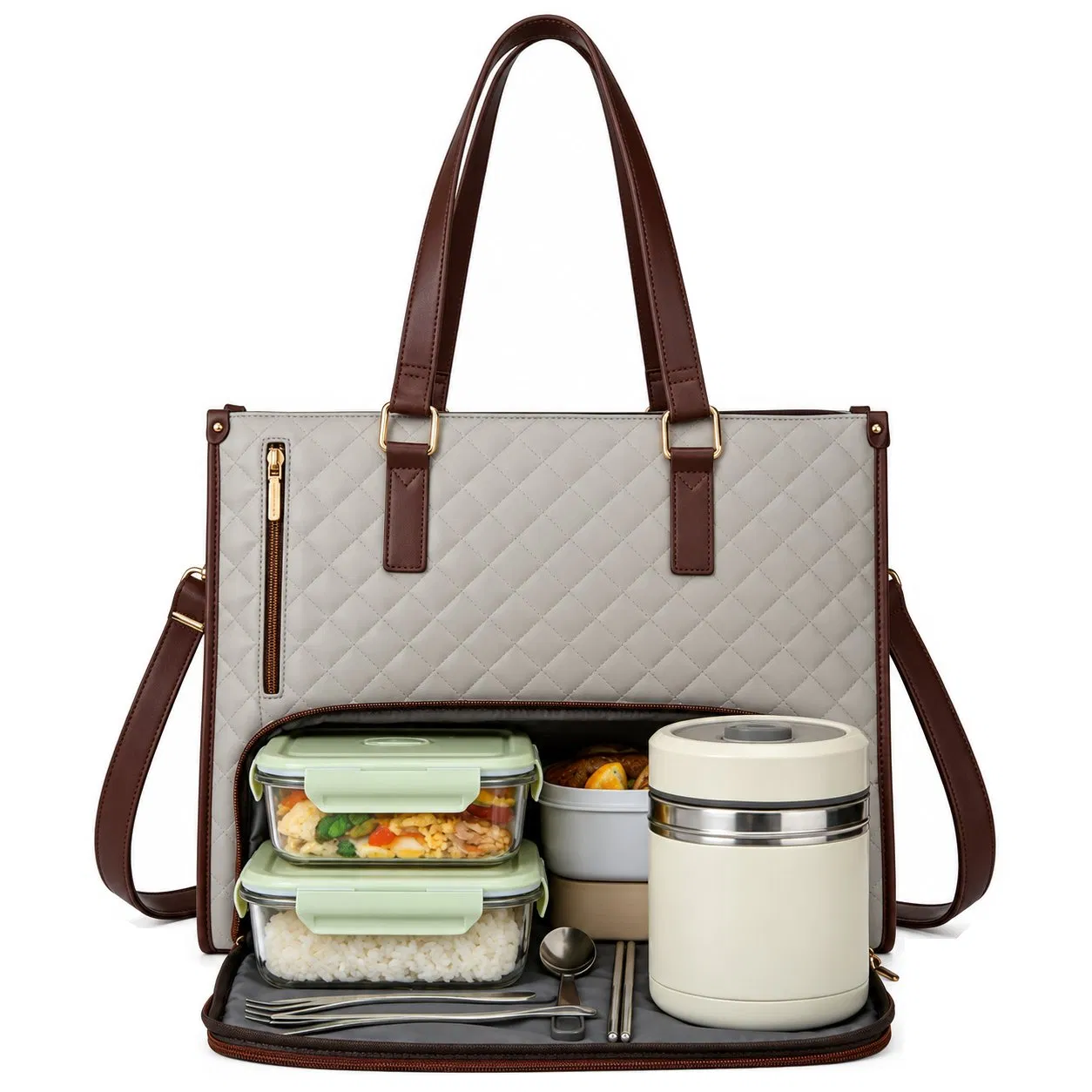 Women Canvas Quilted Laptop Tote Bag with Insulated Lunch Compartment for Work Picnic