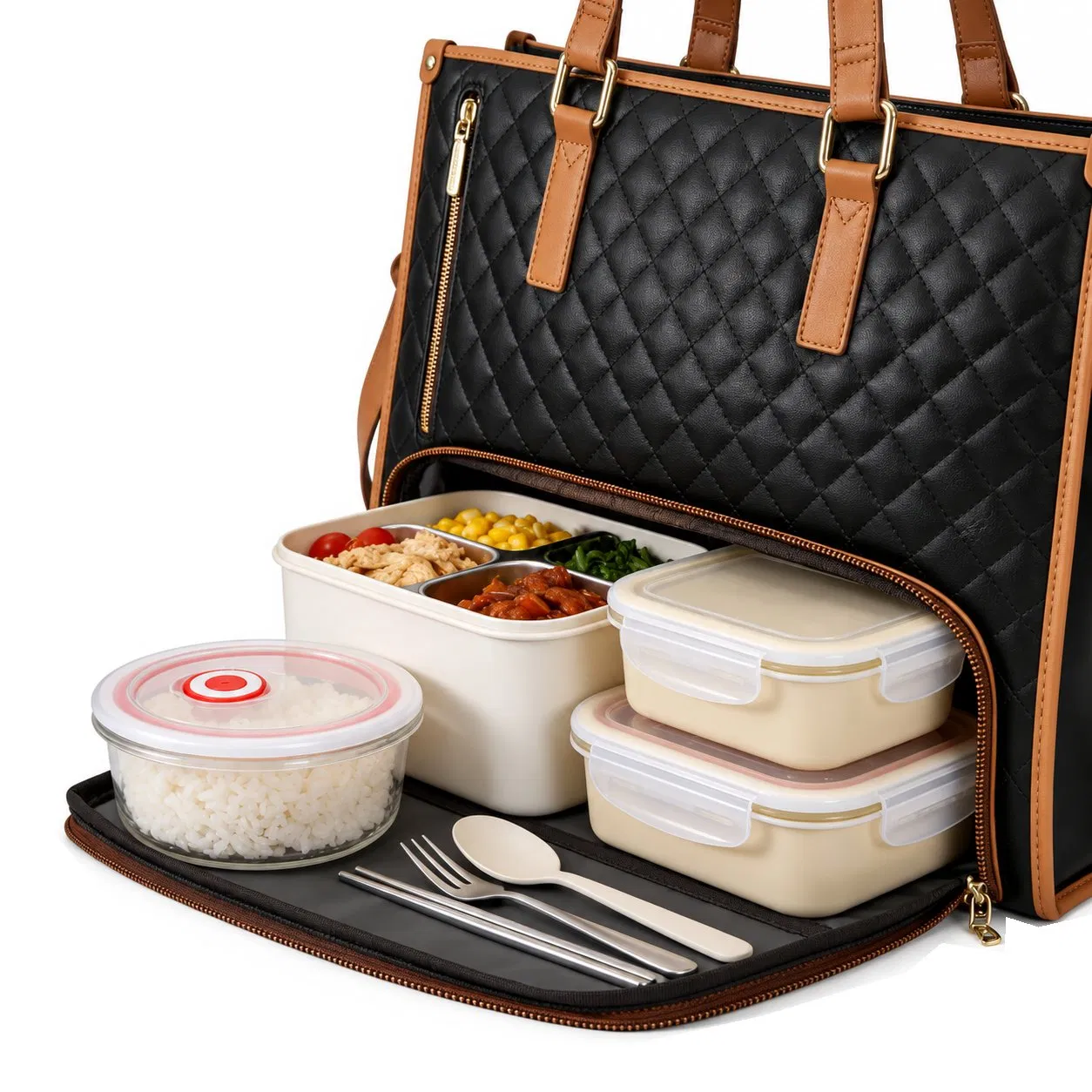 Women Canvas Quilted Laptop Tote Bag with Insulated Lunch Compartment for Work Picnic
