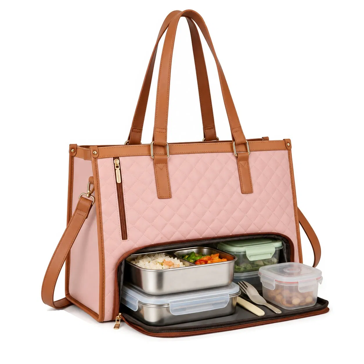 Women Canvas Quilted Laptop Tote Bag with Insulated Lunch Compartment for Work Picnic