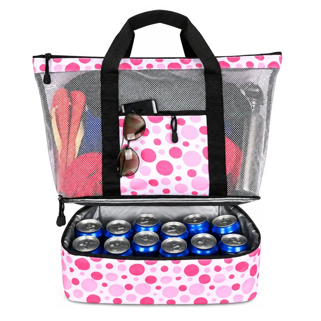 Large Mesh Beach Tote Bag with Cooler Compartment and Zipper