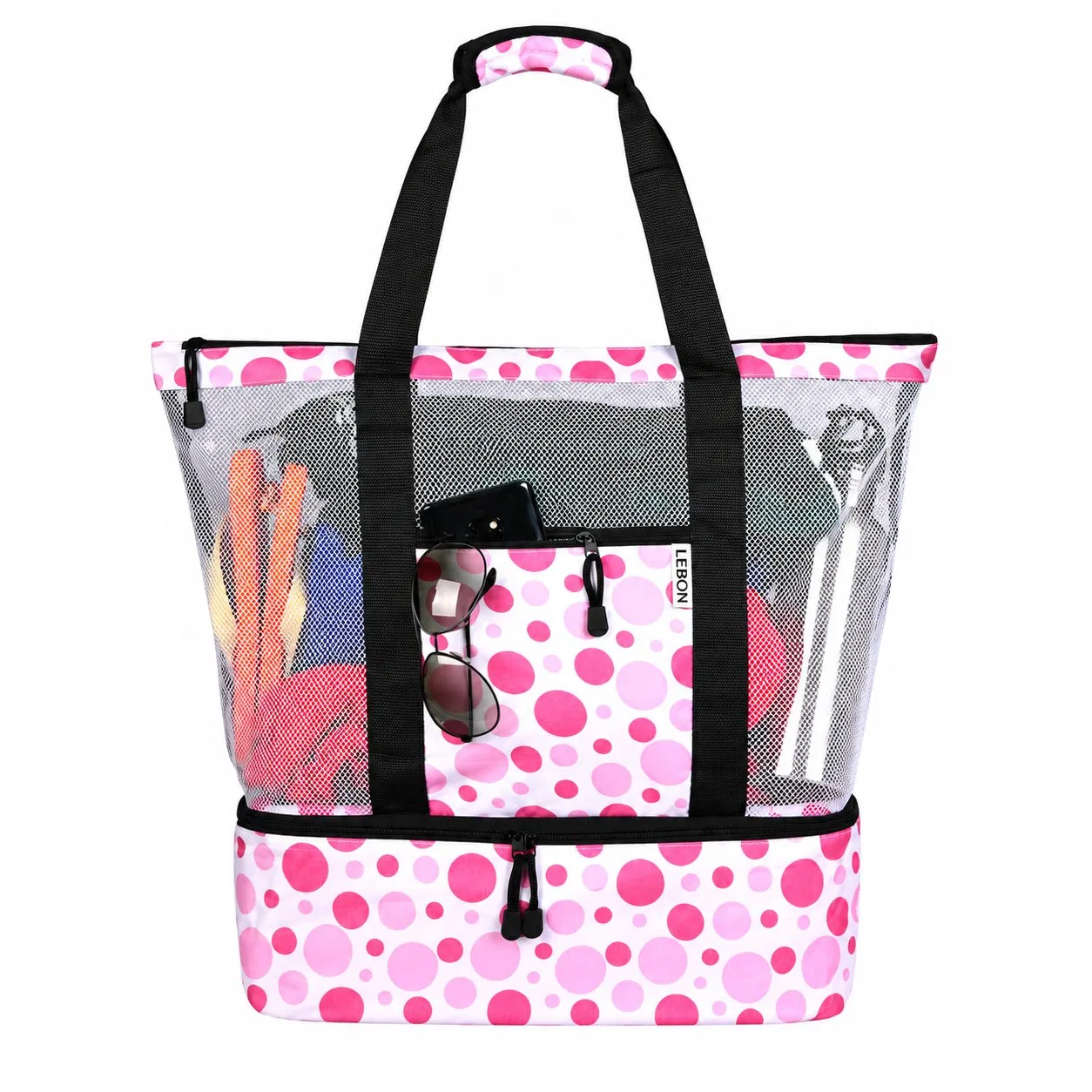 Large Mesh Beach Tote Bag with Cooler Compartment and Zipper