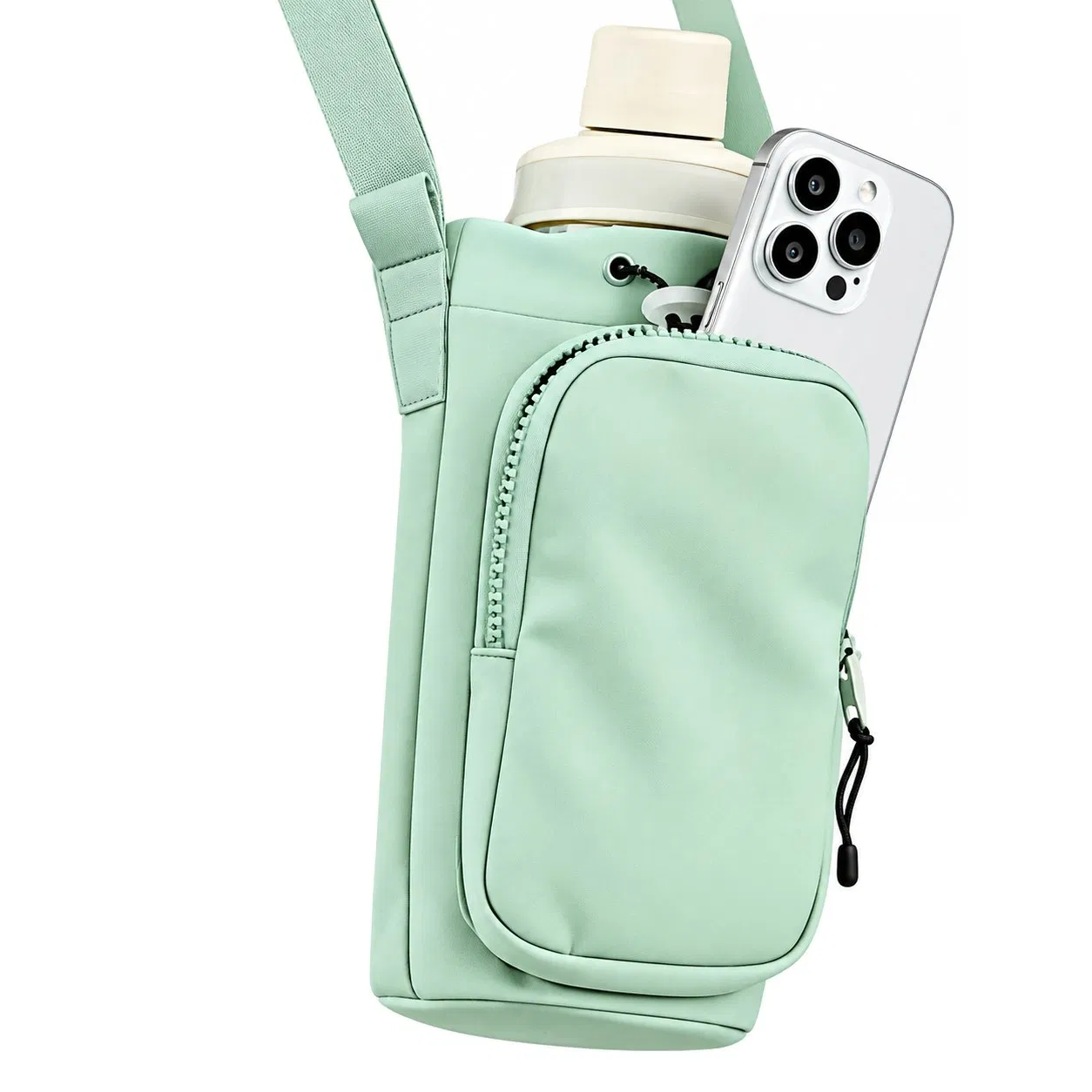 Insulated Water Bottle Carrier Bag with Phone Pocket and Adjustable Shoulder Strap for Hiking