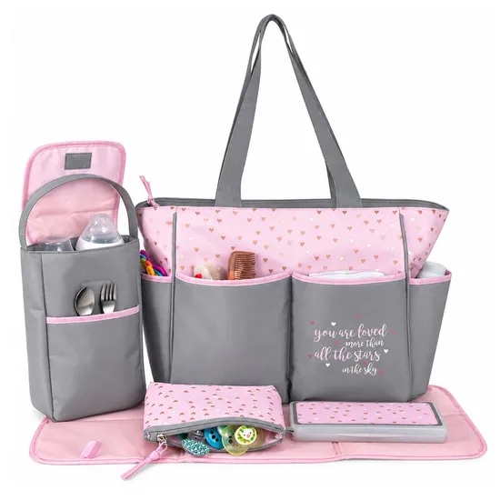 Custom Cartoon Five Piece Diaper Tote Bag Set with Changing Pad and Insulated Bottle Holder