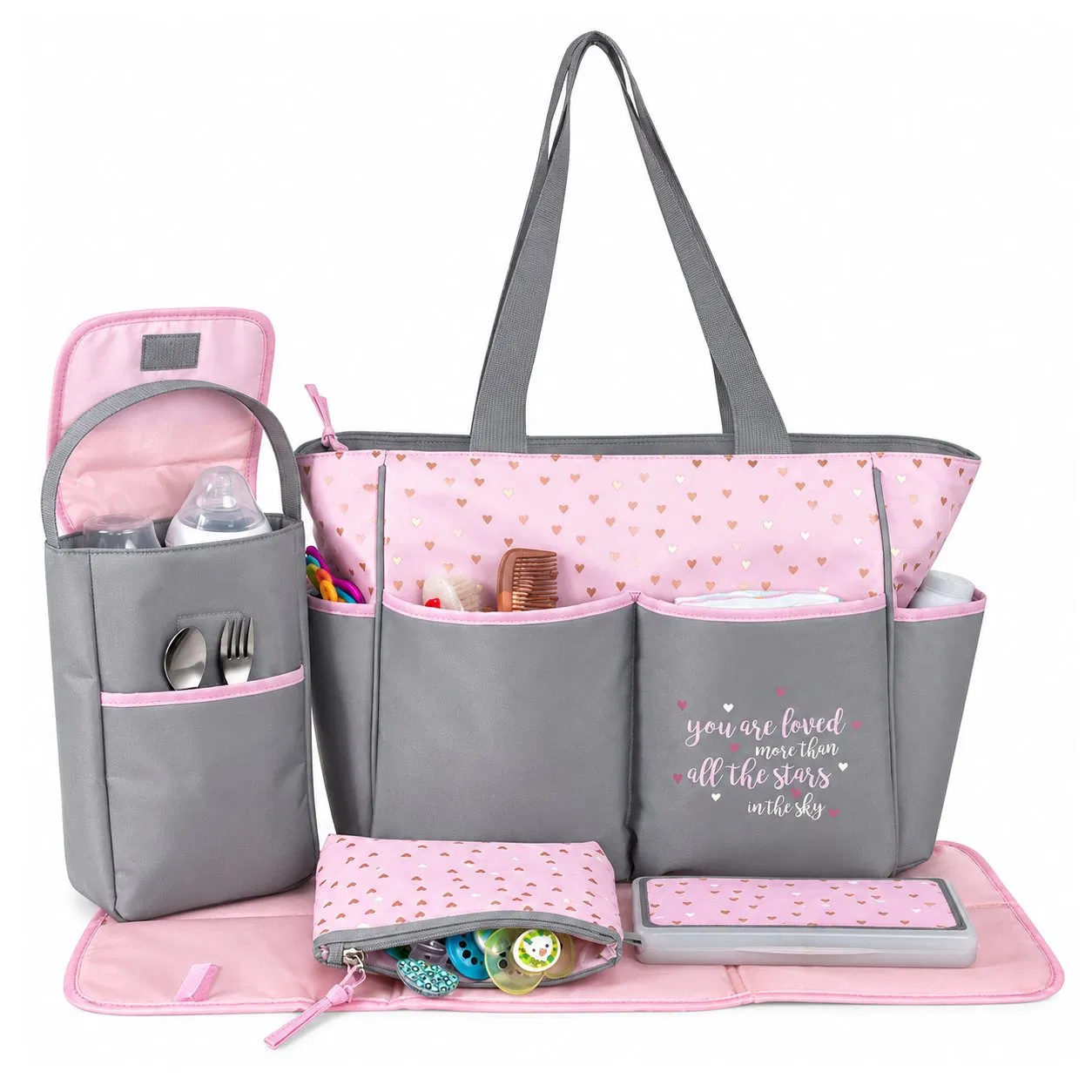 Custom Cartoon Five Piece Diaper Tote Bag Set with Changing Pad and Insulated Bottle Holder