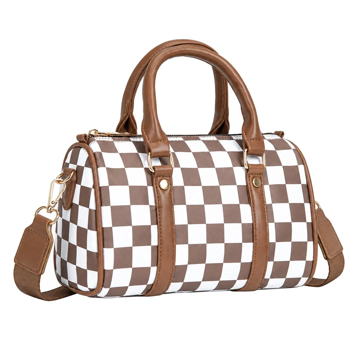 Custom Checkered Boston Duffle Handbag with Adjustable Wide Shoulder Strap