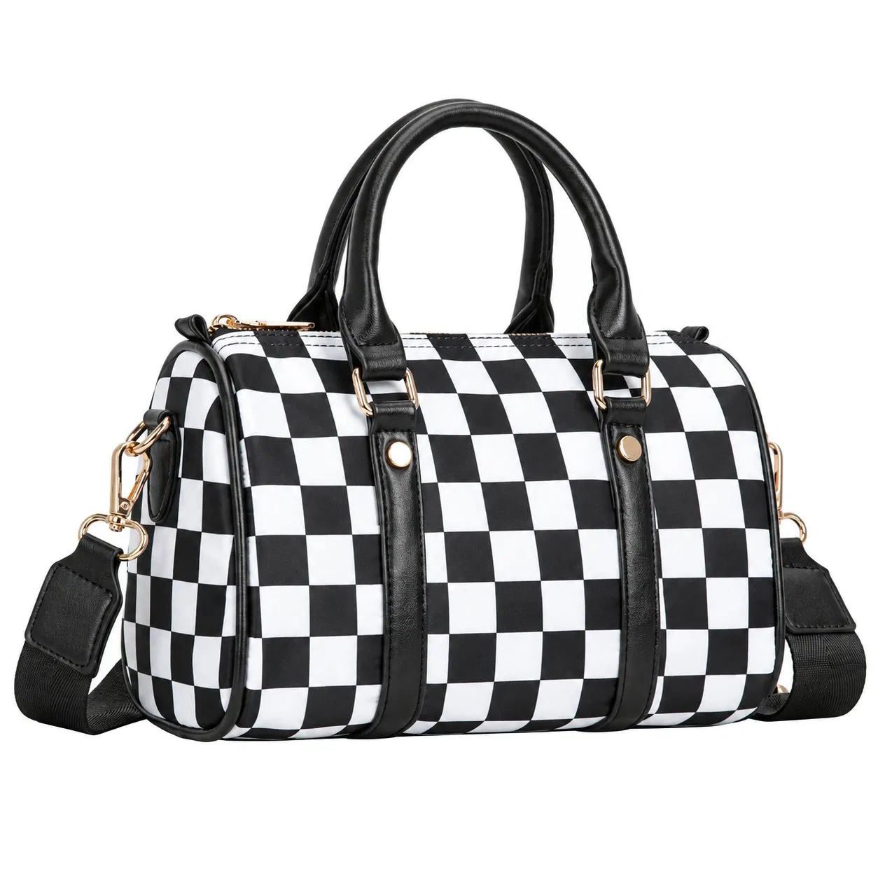 Custom Checkered Boston Duffle Handbag with Adjustable Wide Shoulder Strap