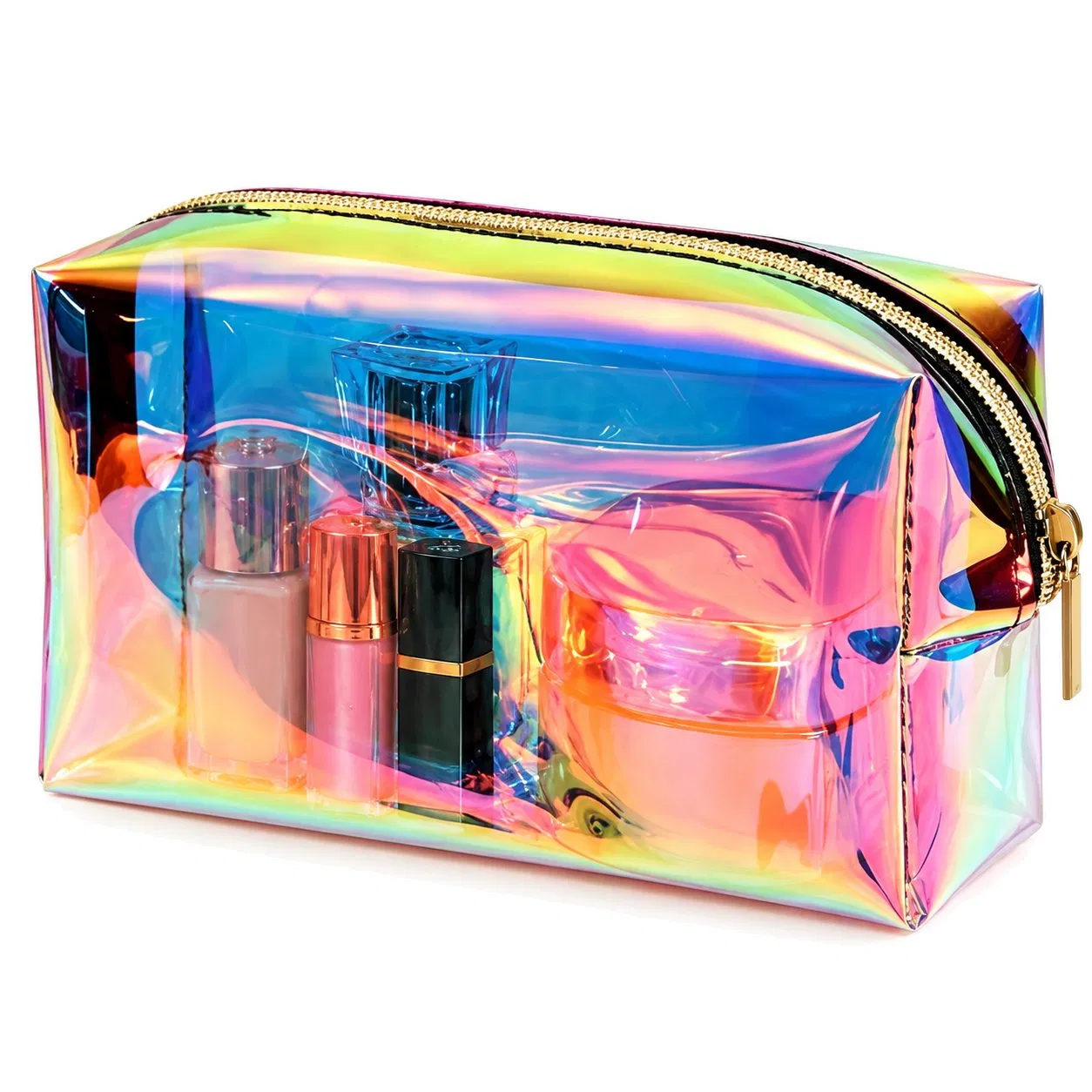 Custom Iridescent PVC Cosmetic Bag Set Transparent Zipper Makeup Travel Organizer
