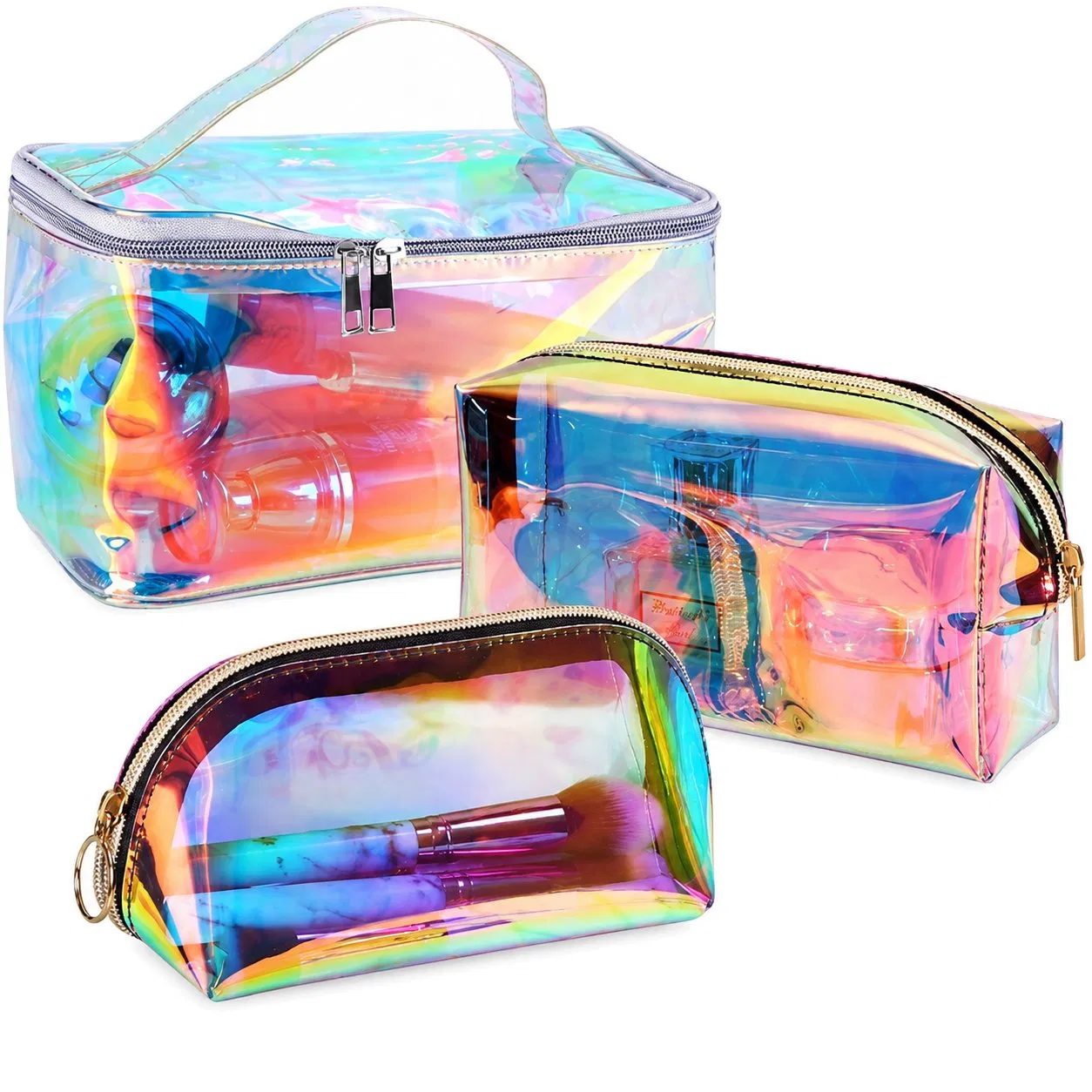 Custom Iridescent PVC Cosmetic Bag Set Transparent Zipper Makeup Travel Organizer