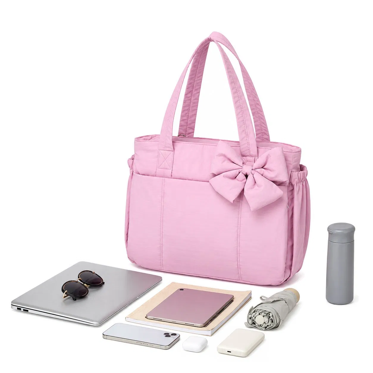 Lightweight Quilted Nylon Puffy Tote Bag with Shoulder Luggage Strap for Laptop Work Travel