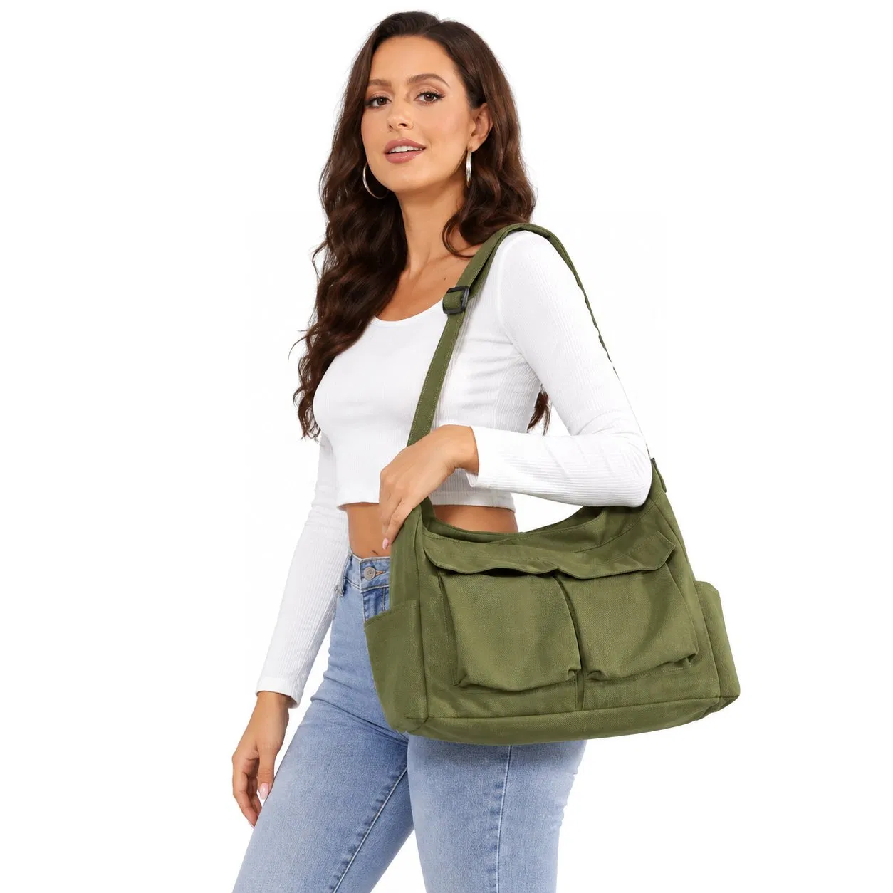 Canvas Messenger Hobo Crossbody Shoulder Bag with Pockets Adjustable Strap for Daily Travel