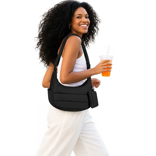 Women Compact Puffer Hobo Crossbody Bag with Adjustable Strap Nylon Shoulder Handbag and Small Pouch
