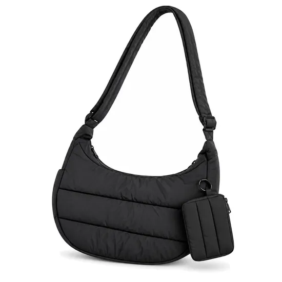 Women Compact Puffer Hobo Crossbody Bag with Adjustable Strap Nylon Shoulder Handbag and Small Pouch