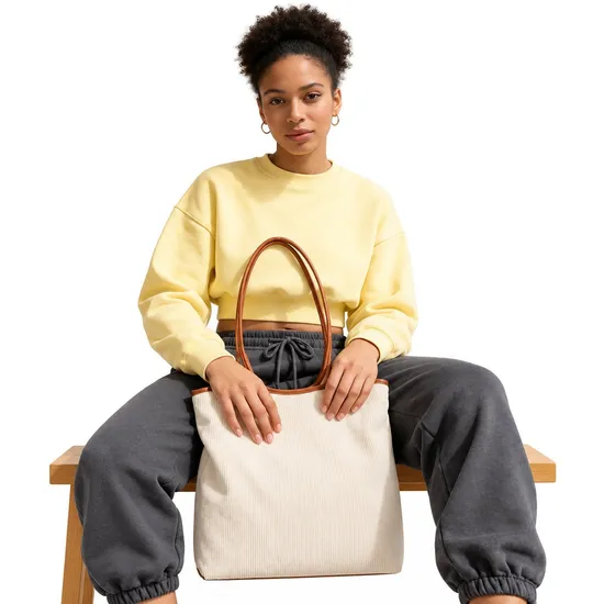 Custom Logo Corduroy Tote Bag Women Lightweight Soft Shopping Shoulder Bag with Polyester Lining