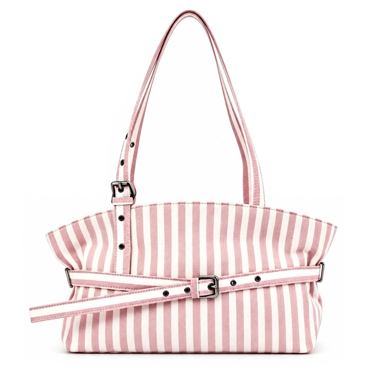 Custom Logo Striped Canvas Tote Bag for Women with Adjustable Belt and Shoulder Strap